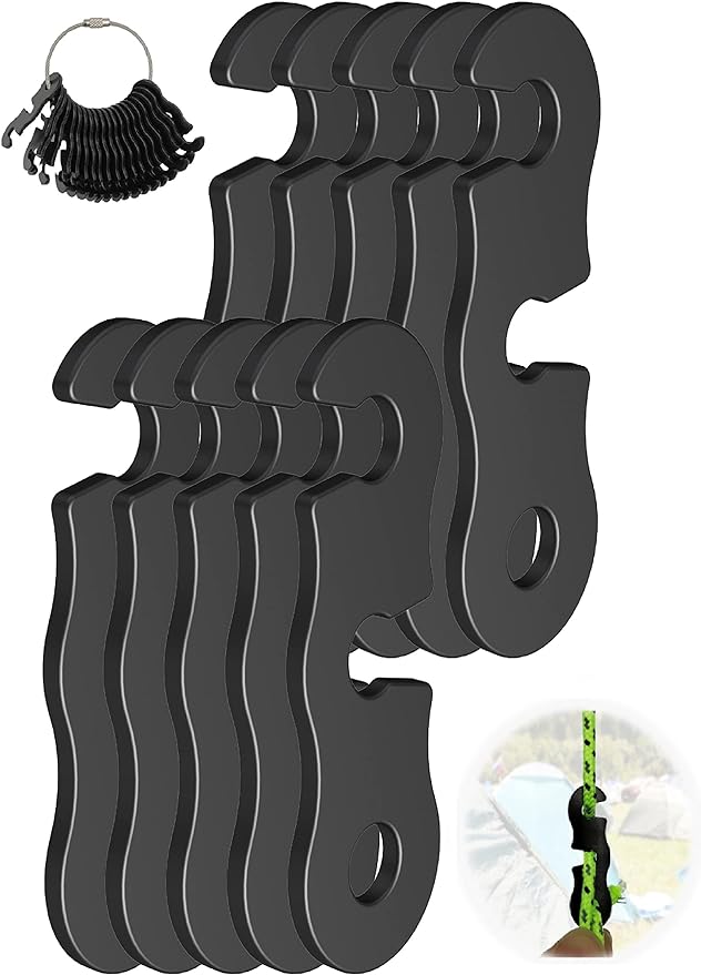 Rope Tensioner Aluminum Alloy Camping Tent Guyline Cord Adjuster Camping of Gear for Camping, Hiking, Backpacking Ultralight Tent Stakes Guy Lines (Black, 10 Pack)