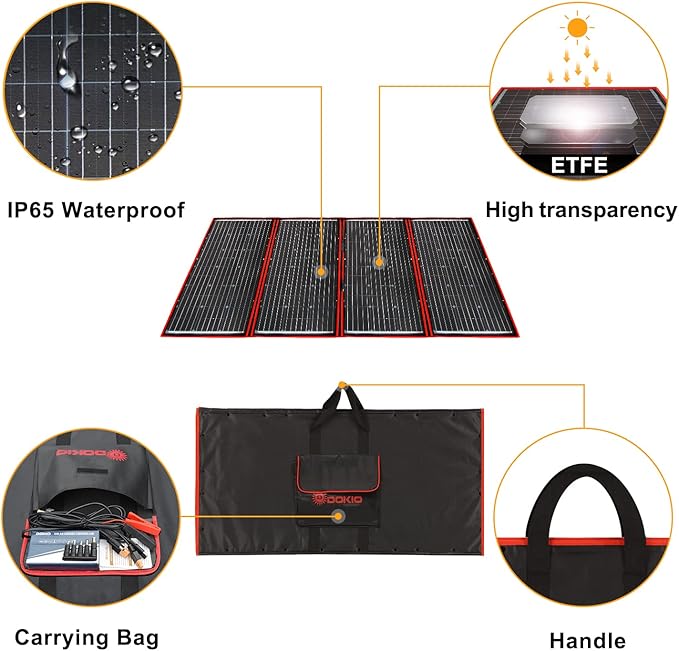 DOKIO 300W 18V Portable Solar Panel Kit Folding Solar Charger with 2 USB Outputs for 12v Batteries/Power Station AGM LiFePo4 RV Camping Trailer Car Marine