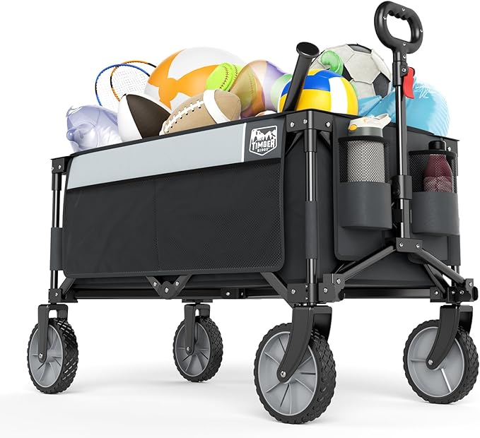 TIMBER RIDGE Collapsible Outdoor Folding Wagon Cart Heavy Duty Camping Patio Shopping Garden Cart with Side Bag Cup Holder, Grey