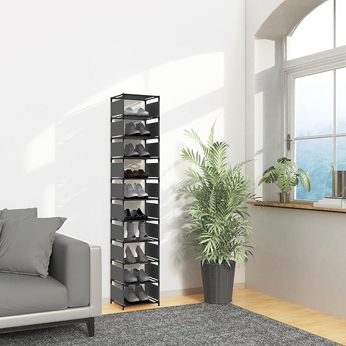 Vertical Narrow Tall Shoe Rack for Front Door Entrance,10 Tiers Sturdy Metal Shoe Rack Organizer for Closet Entryway, Storage Shelf, Space Saving Stackable Shoe Tower