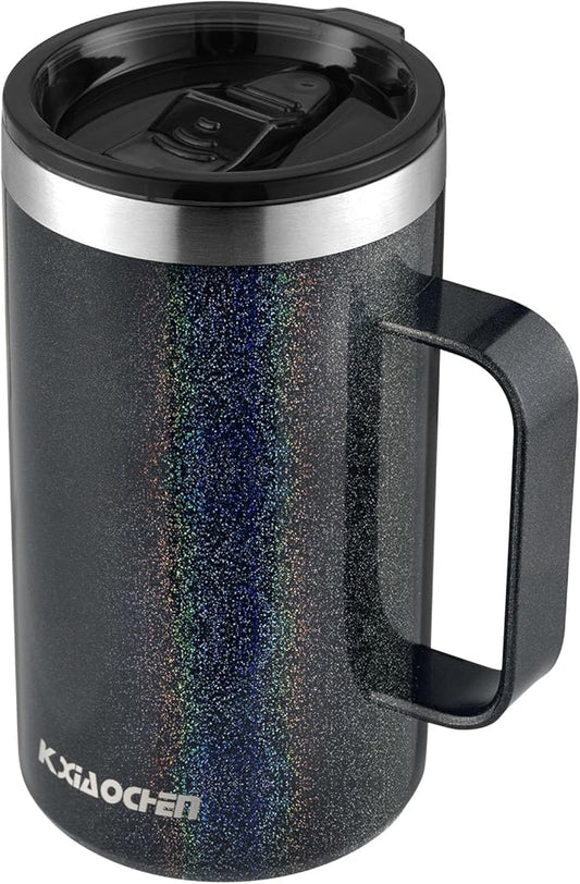KXIAOCHEN 20oz Insulated Coffee Mug with Lid, Stainless Steel Coffee Cup, Double Wall Vacuum Coffee Tumbler with Handle, Premium Thermal Travel Coffee Mug (Glitter Black)