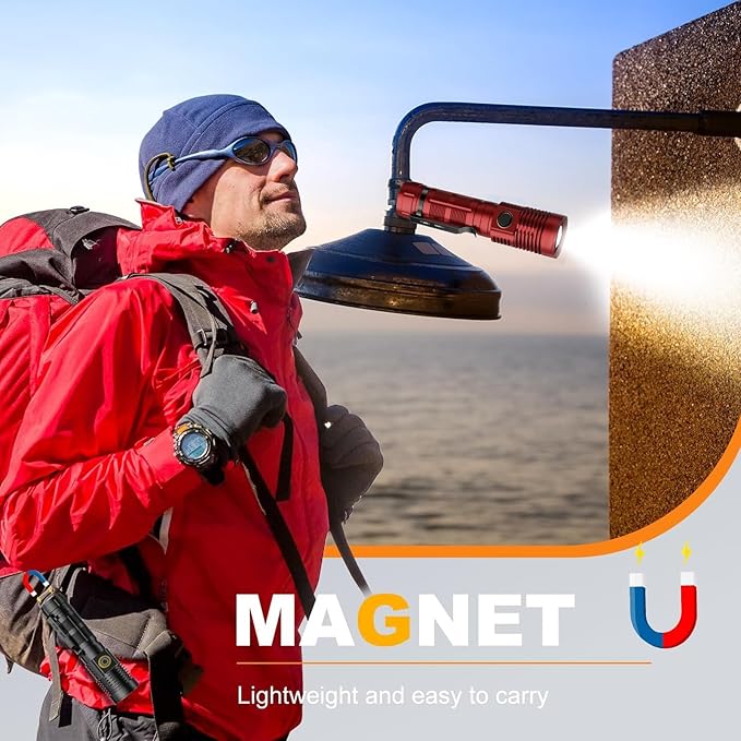 Small Tactical Flashlights High Lumens - 1500 Meters Long Beam Super Bright LED Magnetic Flashlight USB Rechargeable Zoomable 5Modes Long Beam Spotlight Flashlight for Hiking, Camping-Red