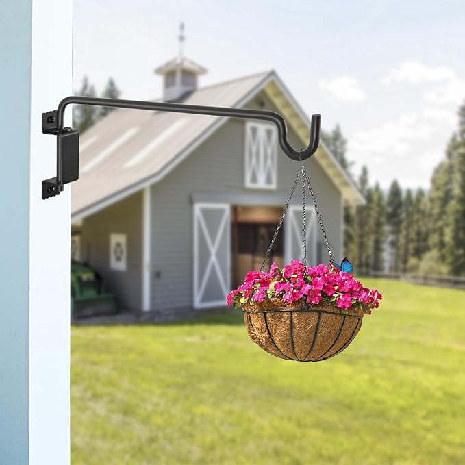 16" 360° Swivel Plant Hanger (4-Pack) - Heavy Duty Solid Steel Wall Hook, 12-Directional Adjustable for Bird Feeders, Outdoor/Indoor Plants, Garden & Patio, Rust-Resistant Black