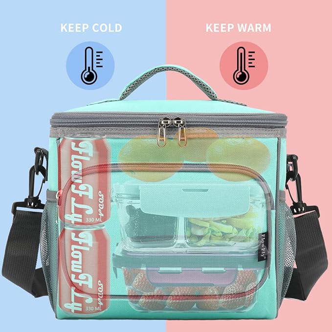 FlowFly Insulated Reusable Lunch Bag Adult Large Lunch Box for Women and Men with Adjustable Shoulder Strap,Front Zipper Pocket and Dual Large Mesh Side Pockets,Jade