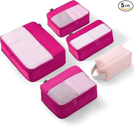 5 Set Compression Packing Cubes for Travel, Space Saving Luggage Organizer Bags (Rose Red)