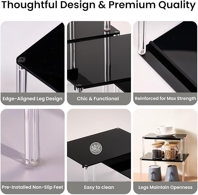 4 Pack Stackable & Expandable Acrylic Spice Rack, Black Shelf Riser for Kitchen Cabinet, Pantry, Countertop, Bathroom & Office Storage