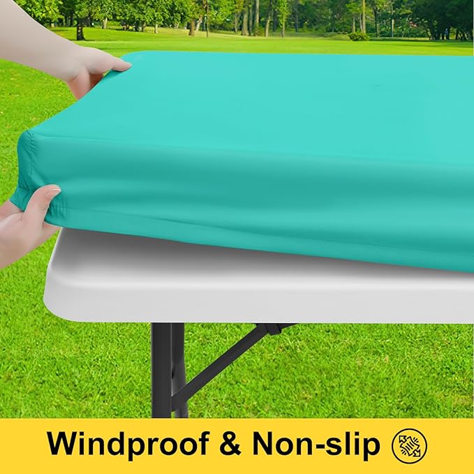 Smiry Picnic Table Cover with Bench Covers, Waterproof Elastic Fitted Polyester Tablecloths for 6 Ft Rectangle Tables, Washable Windproof Tablecloth for Camping, RV & Outdoor (Teal, 30x72 Inches)