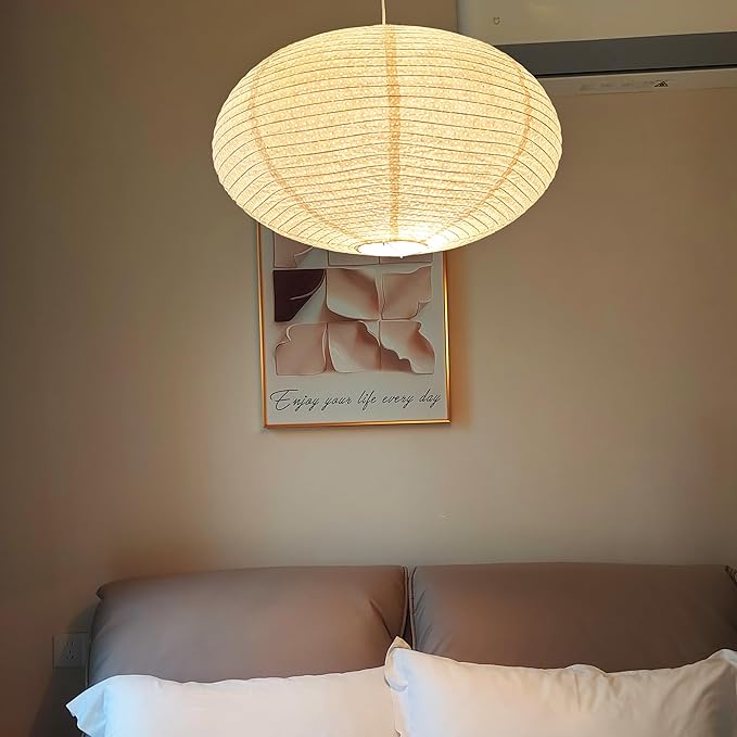 Hytsoeee(19.69Inch) Handmade Paper Lamp Shade, Creamy White Oval Hanging Lantern Lampshade,Modern Folding Ceiling Light Cover for Bedroom, Living Room, Dining Room, Corridor
