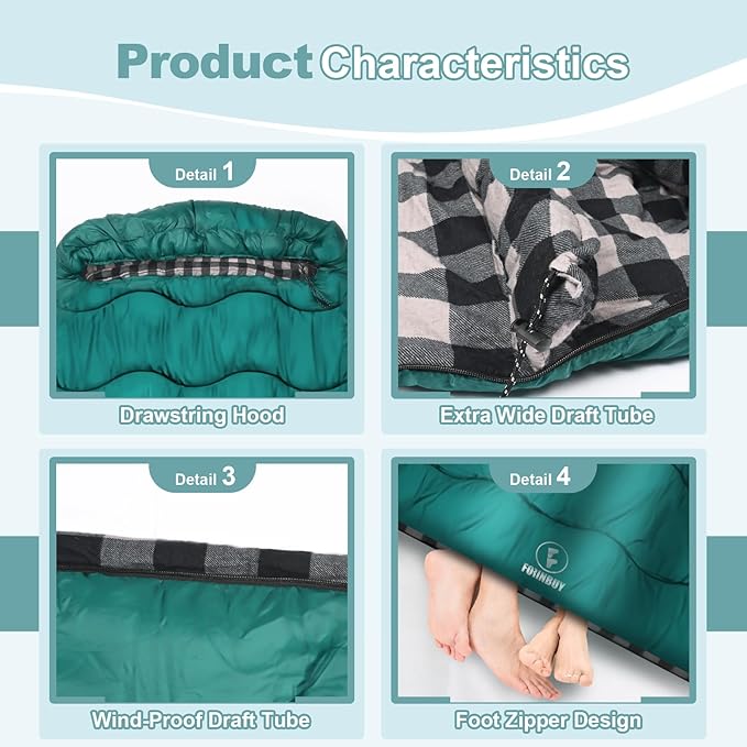 0 Degree Flannel Double Sleeping Bag for Adults, Couples or Family - Winter Queen Size Waterproof & Warm 2-Person Sleeping Bag for Cold Weather Camping, RV Travel