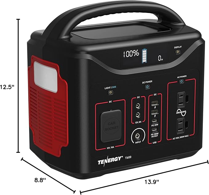 Tenergy T600 Portable Power Station, 600Wh Battery, 3x 500W (Peak 1000W) AC Outlets, USB type C PD 100W, Solar Ready Mobile Power for Outdoors Camping Vans, RV, Emergency Backup