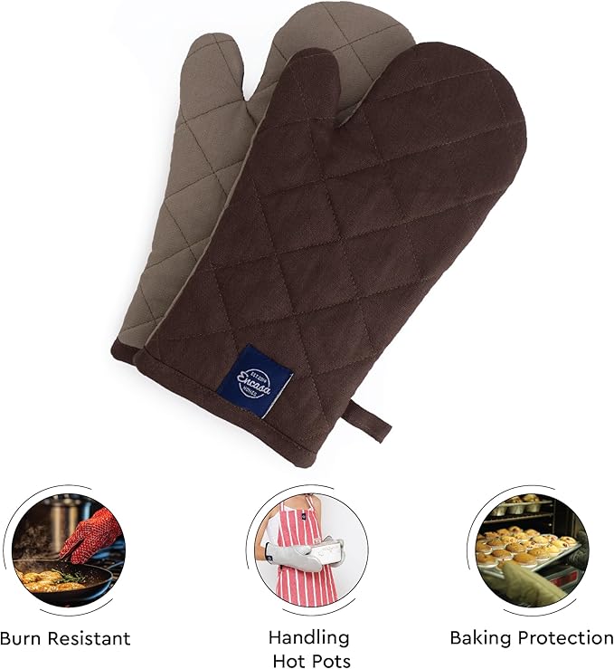Encasa XO Heat Resistant Cotton Oven Gloves Mitts (2 Pc Set) - Quilted & Safe 12x6.6 in - for Kitchen, Cooking & Baking, Grilling, Handling Hot Pots & Pans - Dark Taupe & Beige