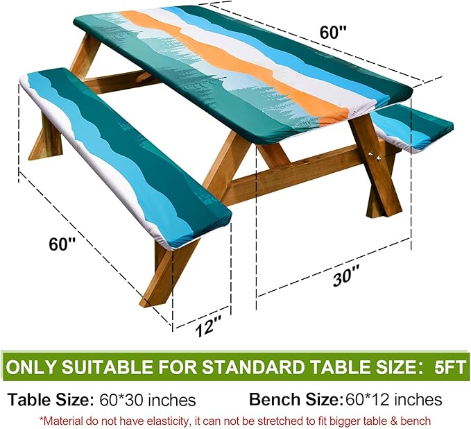 Picnic Table Cover with Bench Covers Camping Essentials Waterproof Windproof Camping Tablecloth with Drawstring Bag, Fitted Rectangle Tables and Seats, 60in, Orange Blue