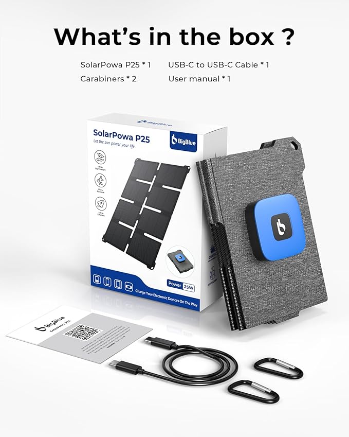 [Pocket-Size]BigBlue Portable 25W Solar Panel Charger, Folding Solar Charger with USB-A and USB-C Ports, IP68 Waterproof Solar Panel for Backpacking Compatible with Cellphones, Tablets, Power Bank etc