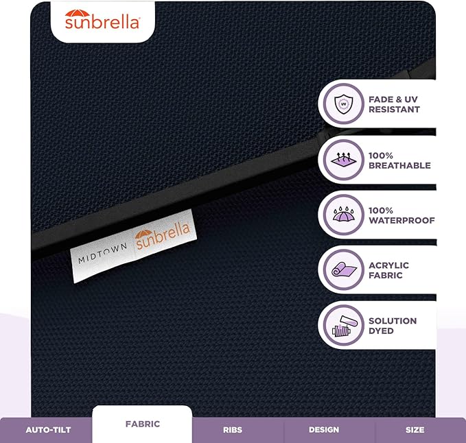 Midtown Umbrellas Sunbrella Umbrella 9 Feet Outdoor Umbrella With Canvas Navy Acrylic Fabric - Auto-Tilt Aluminum Frame Patio Umbrella For Backyard, Deck, Garden, Pool - Black Pole