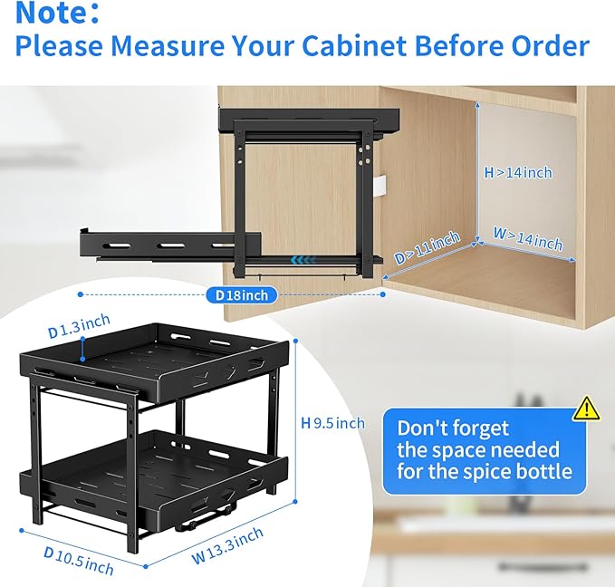 Spice Organization for Cabinet, 2-Tier Cabinet Spice Rack, Height Adjustable Vertical Spice Rack Pull Out for Kitchen, Cabinet, Pantry (14.1''Wx10.8''Dx9.2''H, Metal Black)