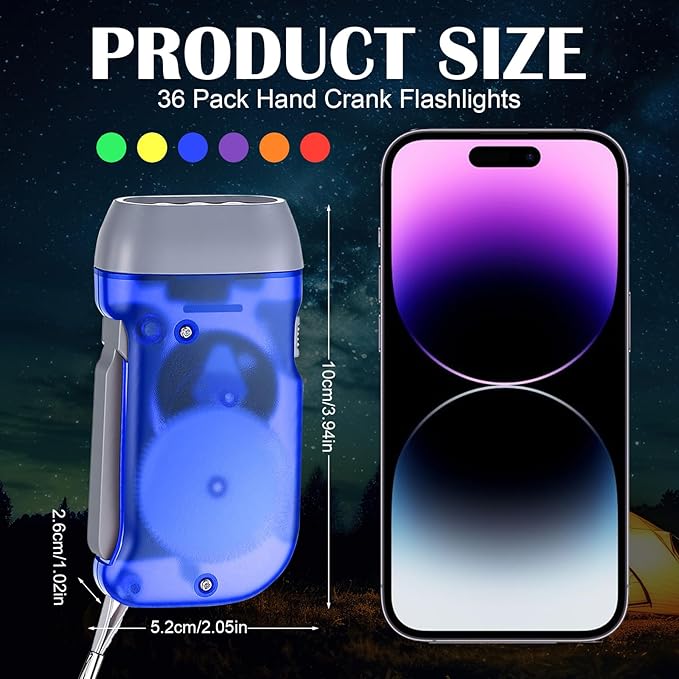 Treela 36 Pcs Hand Crank Flashlights Operation Christmas Items Bulk Squeeze Flashlight No Battery Required Torchlight 3 Powered Charging for Emergency(Red, Blue, Purple, Orange, Yellow, Green)