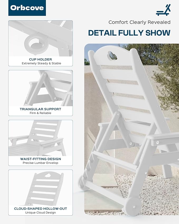 Outdoor Lounge Chair with Cup Holder, Outdoor Chaise Lounge with 6-Position Adjustable Backrest, HDPE Lounge Chair for Poolside, Patio, Deck & Backyard, Chaise Lounge (White, 2)