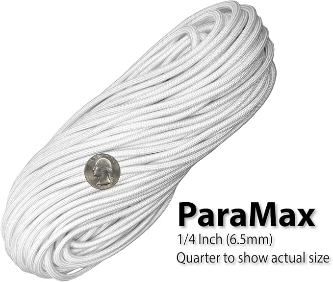 1/4" ParaMax Paracord 100 ft – 1000 lb Type IV Rope for Dog Leashes, Camping, Kayak Anchor - Made in USA - White