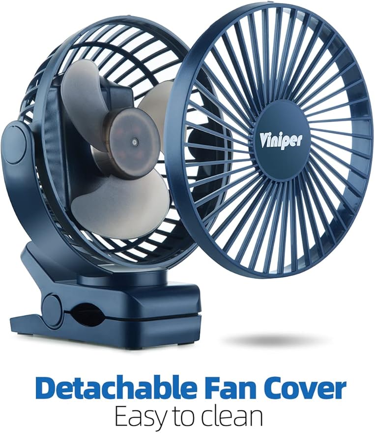 Viniper 6 inch Rechargeable Clip on Fan, 5000mah Battery Desk Fan : 360° Rotation & 3 Speeds Strong Wind Portable Fan, 8-30 Working Hours, Quiet and Powerful (Blue)