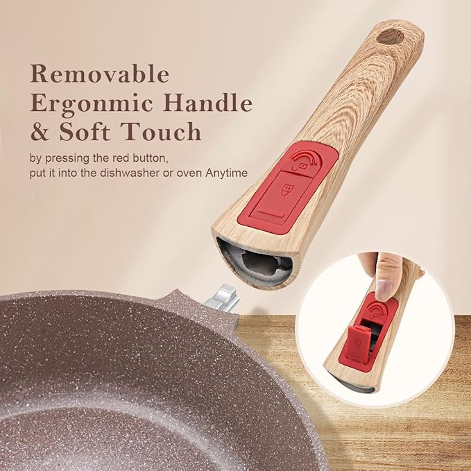 Nonstick Ceramic Deep Frying Pan Set, 10" and 11" Healthy Frying Pan Skillet Set with Removable Handle, Oven Safe, PFAS PFOA & PTFE Free (Brown)