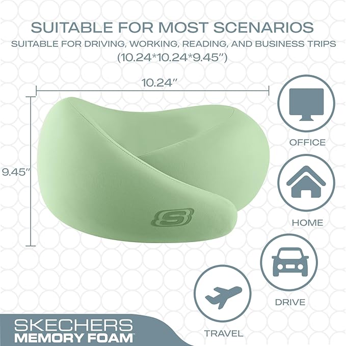 Skechers Memory Foam Travel Pillow,Comfortable & Breathable Airplane Travel Essential, Neck Pillow for Travel, Car Rides, Home, and Office Use, Ergonomic Design for Men and Women,Green