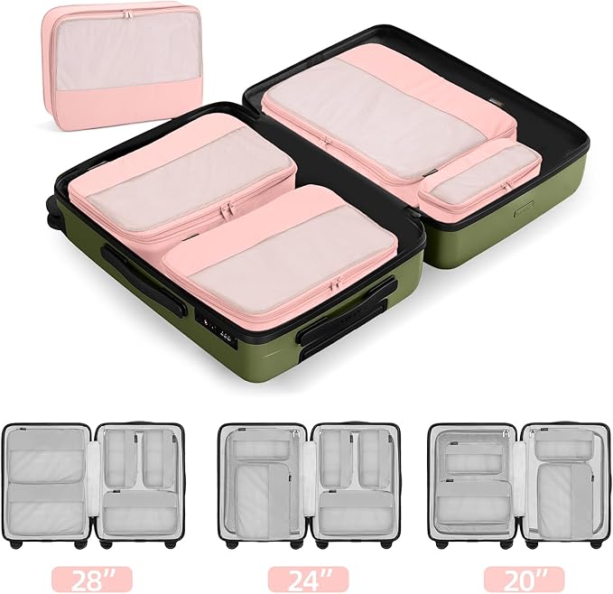 4 Piece Compression Packing Cubes for Suitcases and Backpack, Lightweight Travel Organizers (Light Pink)