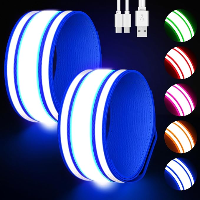 LED Armband for Running 2 Pack, 5 Colors 3 Lights Modes Rechargeable Reflective Light Up Arm Bands, High Visibility Reflective Gear for Running Walking Cycling at Night (Blue)