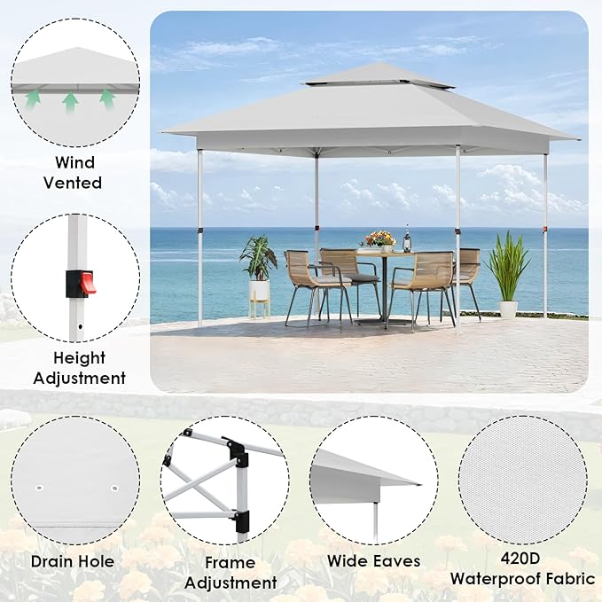 TLSUNNY 12X12 Pop Up Canopy Tent, Camping Shader W/Overhanging Eaves & Sand Bag, Outdoor Gazebo Shelter W/One Push Setup & Wheeled Bag, Height Adjustable, for Patio, Market, Party (White, 12FTX12FT)