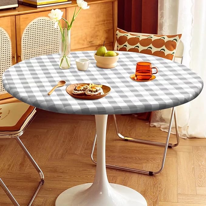 Fitable Round Vinyl Fitted Table Cover - Waterproof Checkered Elastic Edged Tablecloth Flannel Backed Wipeable Table Cloth for Spring/Summer Picnic Party, Silver/White (Fit for 45"-56" Round Tables)