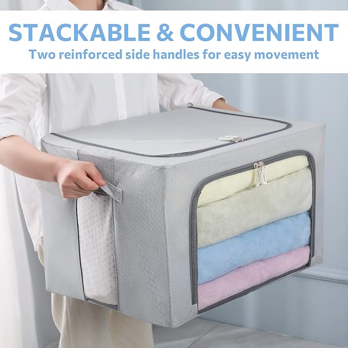 3Pack Frame Storage Box - Clothes Storage Bin Bags Oxford Fabric Foldable Stackable Container Organizer Set with Clear Window & Carry Handles (Grey, X-Small-36L)