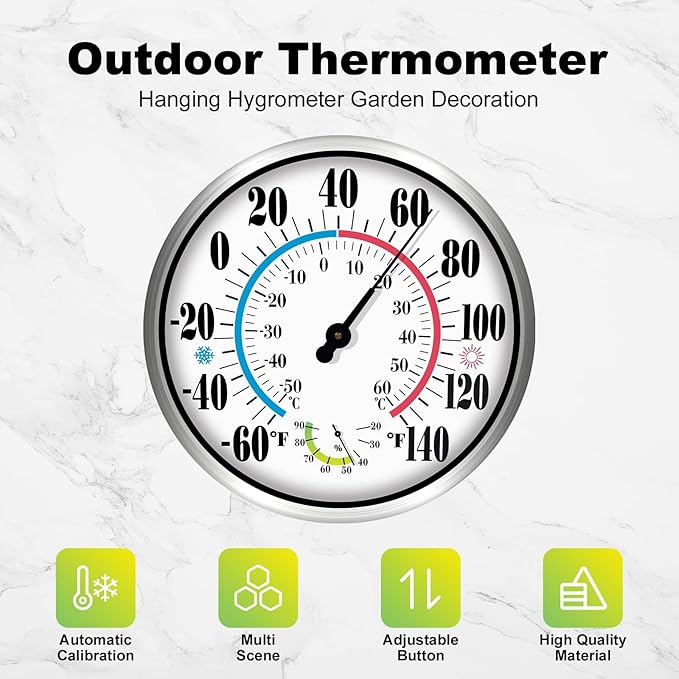 12" Outdoor Thermometer Large Numbers - Decorative Outdoor Thermometers for Patio, Wall Thermometer Hygrometer with Stainless Steel Enclosure, Battery Free Indoor Outdoor Thermometer Hanging