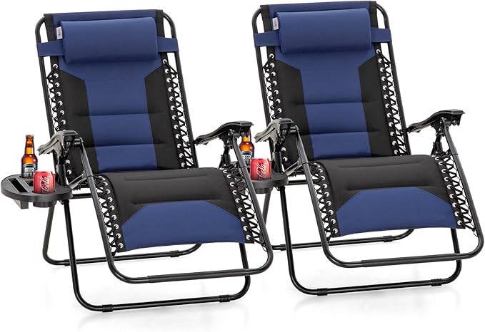 Sophia & William Oversized XL Zero Gravity Recliner Chair Set of 2 Padded, Folding Reclining Lounge Chair with Wide Armrest and Cup Holder, Support 400 LBS, Blue