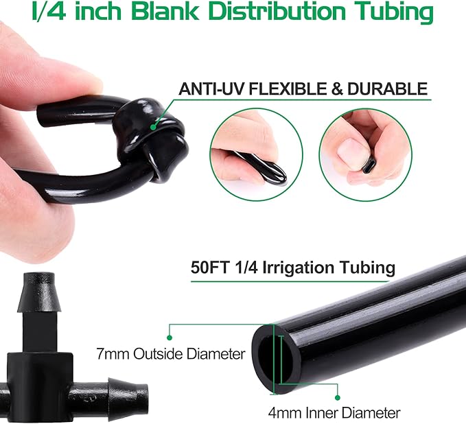 MIXC 1/4-inch Mist Irrigation Kits Accessories Plant Watering System with 50ft 1/4” Blank Distribution Tubing Hose, 20pcs Misters, 39pcs Barbed Fittings, Support Stakes, Quick Adapter, Model: GG0B
