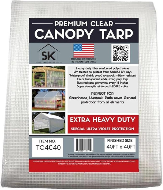 16 Mil Clear Poly Heavy Duty Tarp with Fiber Reinforcement - True Size Tarps with UV Protection, Tear Resistance, Flexibility, Reinforced Corners 40x40