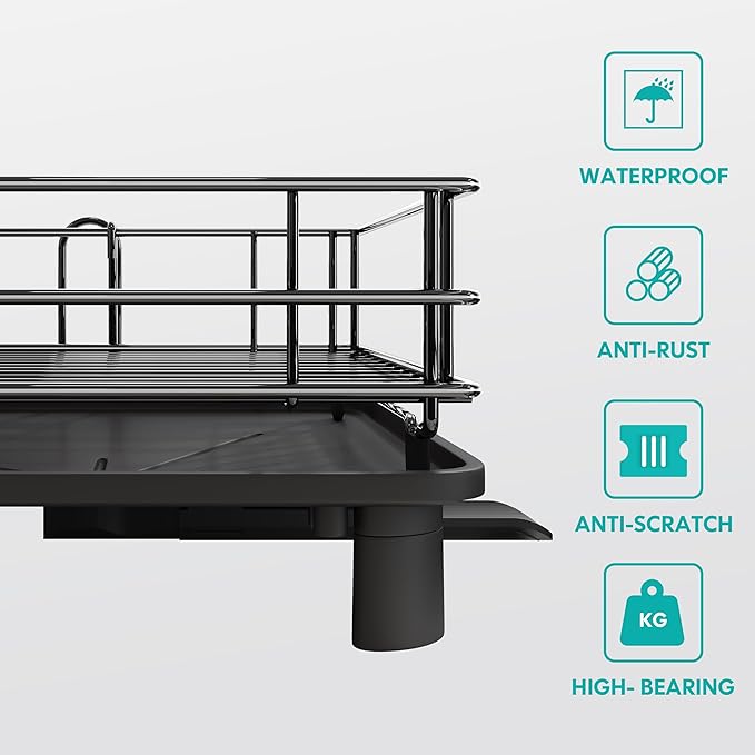 Black Stainless Steel Dish Drainers Drying Rack for Kitchen Counter with Drainboard Set, Rust Proof Metal, Space Saving, Modern Aesthetic, Compact Plates Strainers with Extra Mat