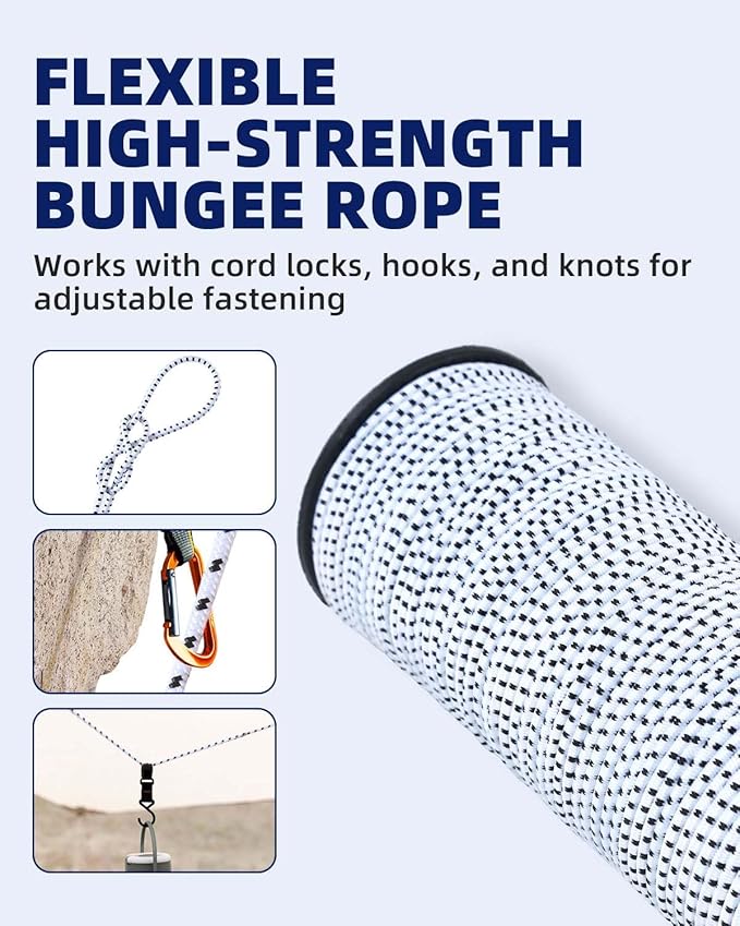 Bungee Cord 1/8 Inch x 200 Feet - White with Black Trace - Elastic Shock Cord, Stretch Rope for Kayak, Crafts, Tie-Downs, DIY Projects - Flexible, High-Strength Bungee Rope