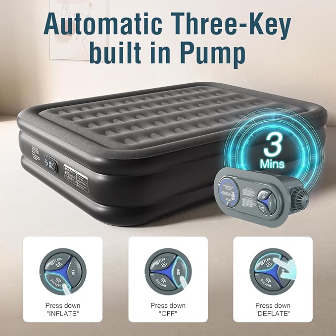 Queen Air Mattress Queen with Built in Pump 16" Double Height Inflatable Mattress with Soft Flocked Top & Carry Bag Adjustable Blow Up Mattress Portable Air Bed for Guest Indoor