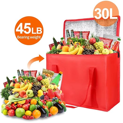 Bodaon 5-Pack Cooler Insulated Food Delivery Bag, X-Large With Top Zippered Bags for Grocery、DoorDash、Catering、Shopping，Thermal Hot Pizza, Large Cold and Frozen Door Dash Accessories, XL Tote, Red