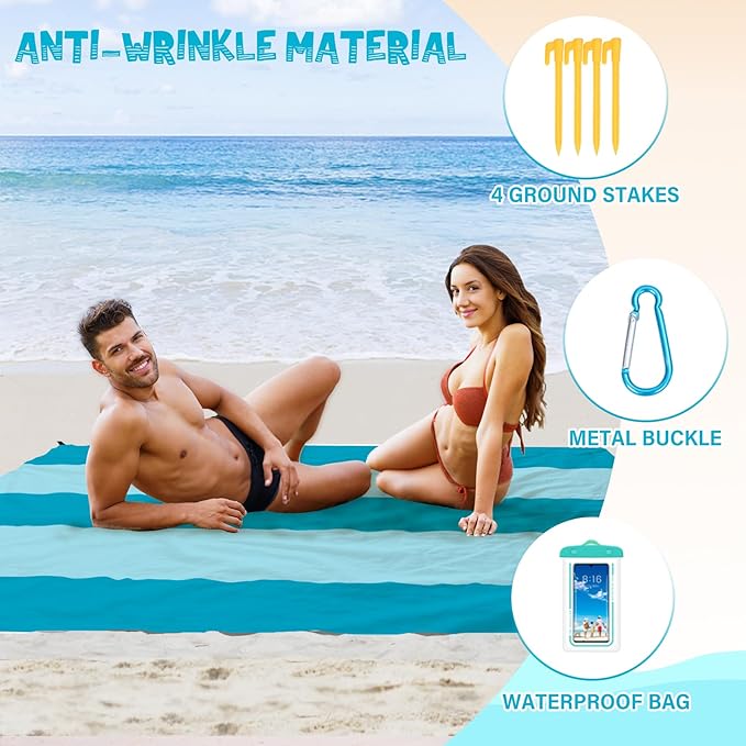 Beach Blanket Waterproof Sandproof 1-7 Adult Oversized 78 '' × 81 '' Lightweight Durable Compact Sand Free Beach Mat for Travel Camping Hiking Picnic Blanket