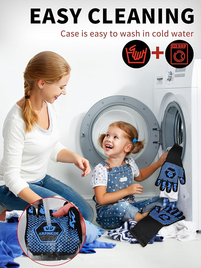 BBQ Oven Gloves, 1472℉ 3-Layers Heat Resistant Oven Mitts Silicone Non-Slip Cooking Gloves for Barbecue, Grilling, Baking, Welding, Smoker (A Pair) (Blue)