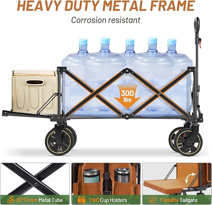 Timber Ridge 49" Extra Long Collapsible Folding Wagon with Tailgate and Brakes, 300lbs Heavy Duty Foldable Wagon with Adjustable Handle, 250L Capacity Portable Cart for Outdoor Camping Sports, Orange