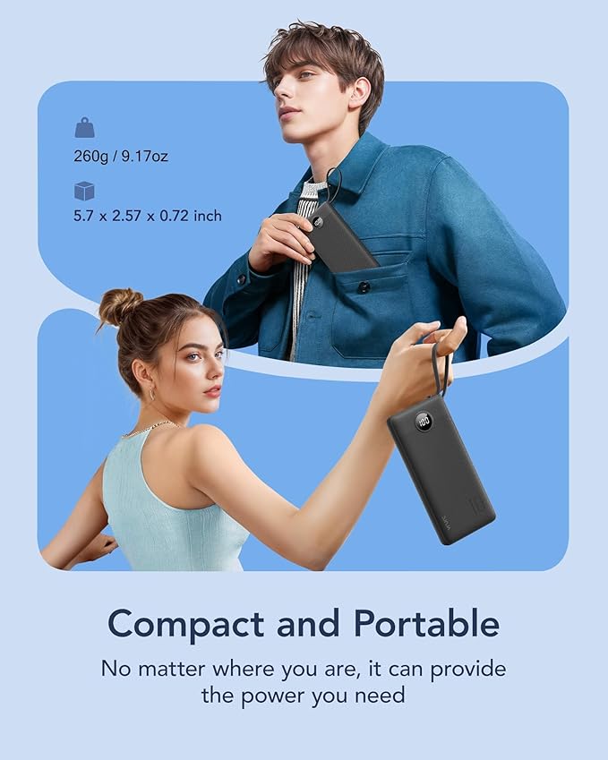 VRURC Portable Charger with Built in Cables, Slim Power Bank 10000mAh, USB C Battery Pack Travel Essential, 5 Outputs 2 Inputs Phone Charging Bank for iPhone 16 15 14 13,Samsung,Android-Black(1 Pack)