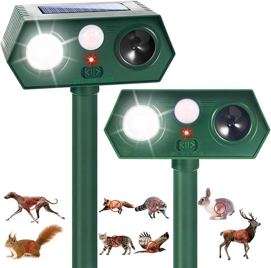 2025 Solar Ultrasonic Raccoon Squirrel Deer Repellent Rabbit Deterrent Animal Repeller Sonic Fortress Pro with Flash Light Motion Sensor to Keep Cat Dog Fox Skunk Out of Garden Yard(2Pack)