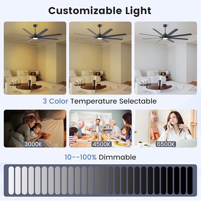 Newday 72 Inch Black Ceiling Fan with Light and Remote, Indoor/Outdoor Silent Reversible DC Motor, 6 Speeds, 3CCT, Timer, 8 Blades, 3 Downrods for Living Room, Patio, Garage