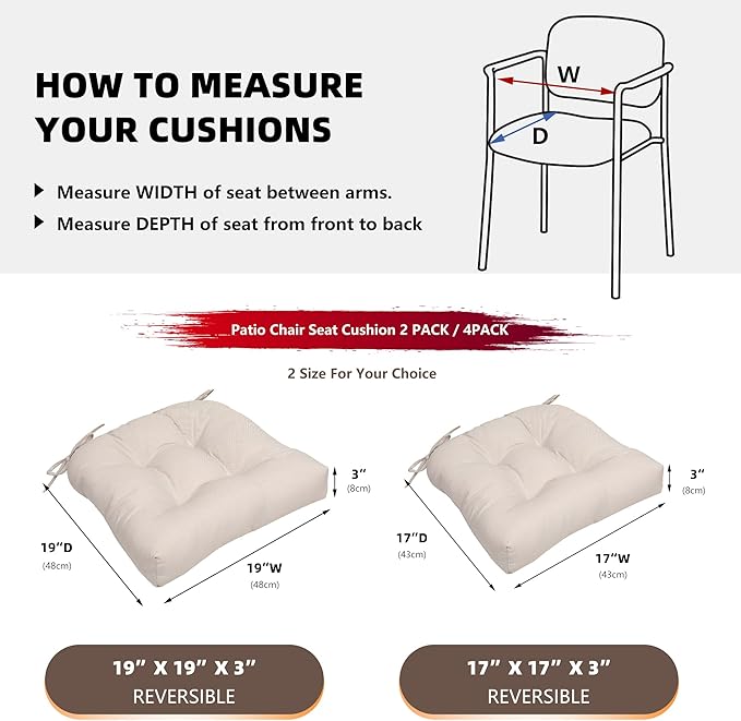 RACE LEAF Chair Cushions 19" x 19" Patio Chair Seat Pads, Set of 2 Thick Fill Tufted Square Patio Cushions, Water-Resistant with Ties for Non-Slip Support, Beige