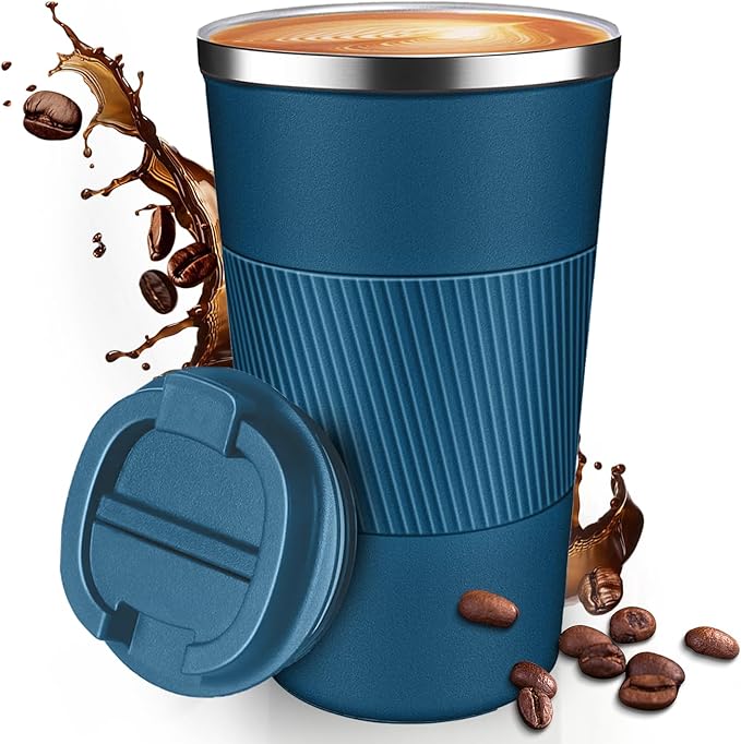 17OZ Travel Coffee Mug Insulated Coffee Cup with Spill Leak Proof Lid, Portable Stainless Steel Tumbler Reusable Hot and Cold Water Mug for Car, Daily, Camping- Blue