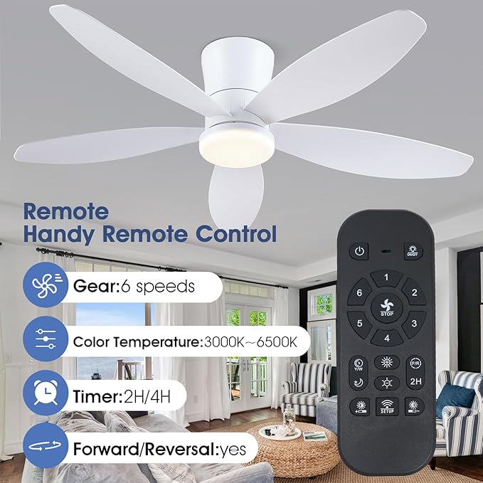 48" Ceiling Fans with Lights-Low Profile Ceiling Fan with Light and Remote/APP Control,Flush Mount,DC Reversible,LED Dimmable Modern Ceiling Fans for Bedroom,Indoor/Outdoor Patio Use(White)