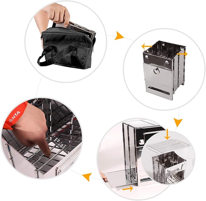 Portable Folding Camping Wood Stove for Outdoor Cooking, Sturdy Lightweight 304 Stainless Steel Wood Burning Camp Stove with Grill for Backpacking BBQ Small/Large (Large)