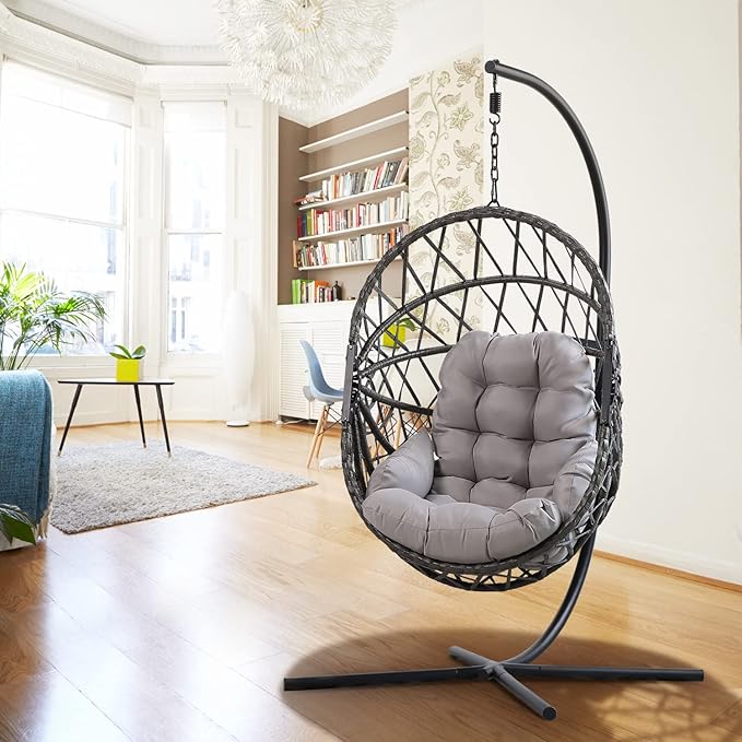 PRIVATE GARDEN Hanging Egg Chair with Stand Indoor Outdoor Unique PE Rattan Wicker Basket Chair with Grey Cushion Folding Swing Chair (Grey)