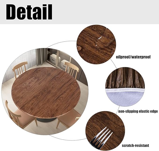 LUSHVIDA Round Waterproof Table Cover Elastic Vinyl Fitted Tablecloth Elastic Edged Plastic Table Cloth (Oak, Best for Up to 36"-44" Round)